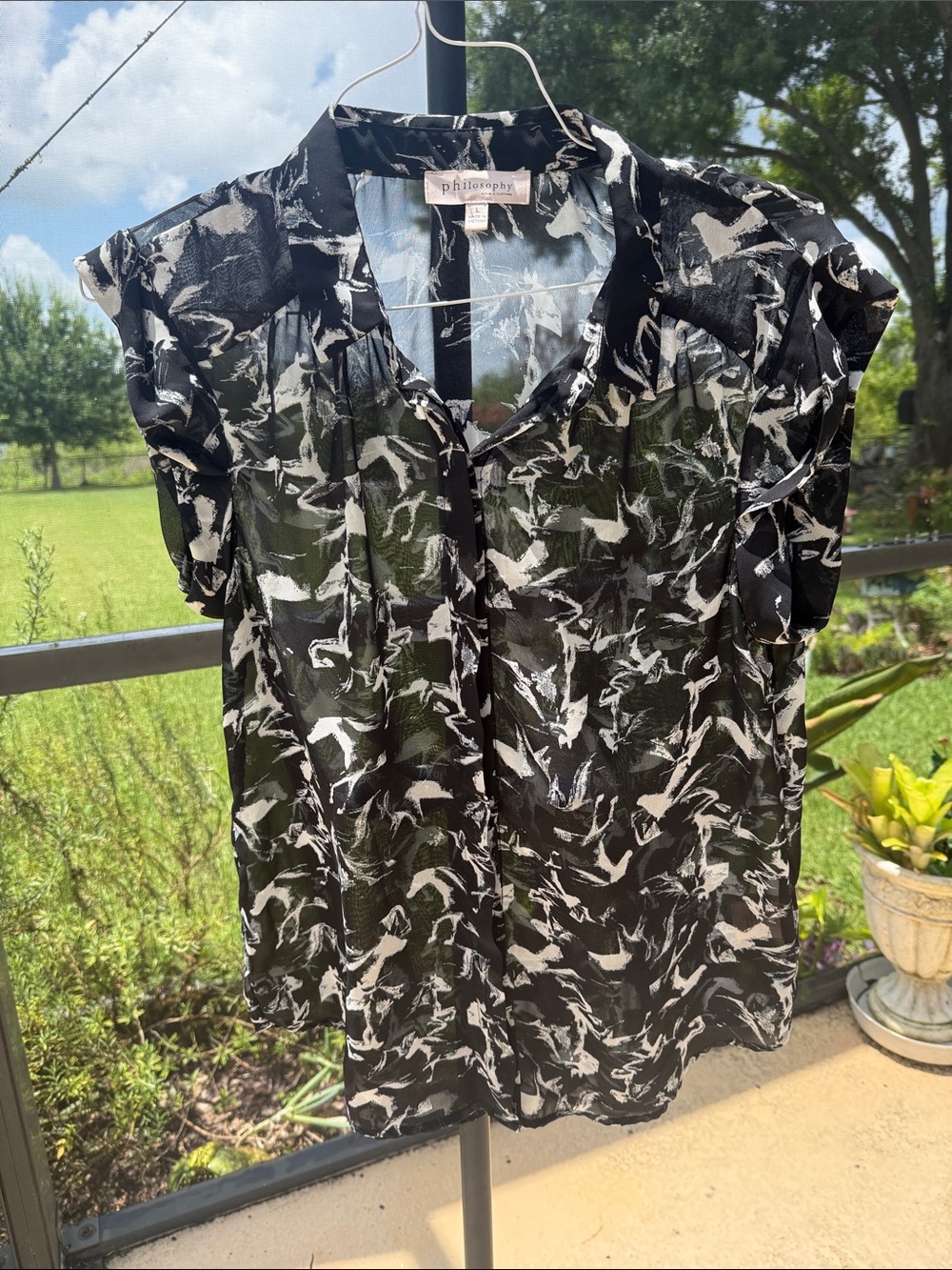 Philosophy Black and Gray Sheer Abstract-Print button up Top